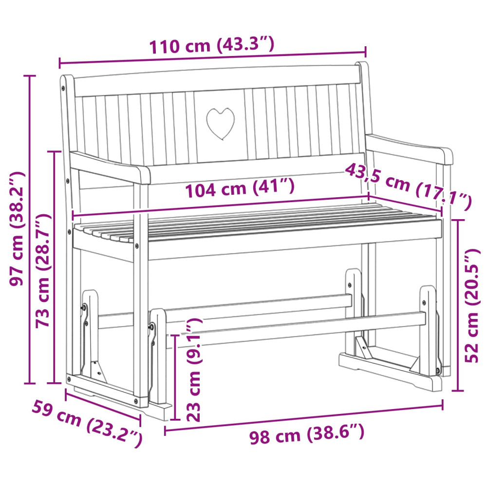 Produktbild för Trädgårds Glidebänk Naturlig 110 x 59 x 97 cm Massivt Akaciaträ