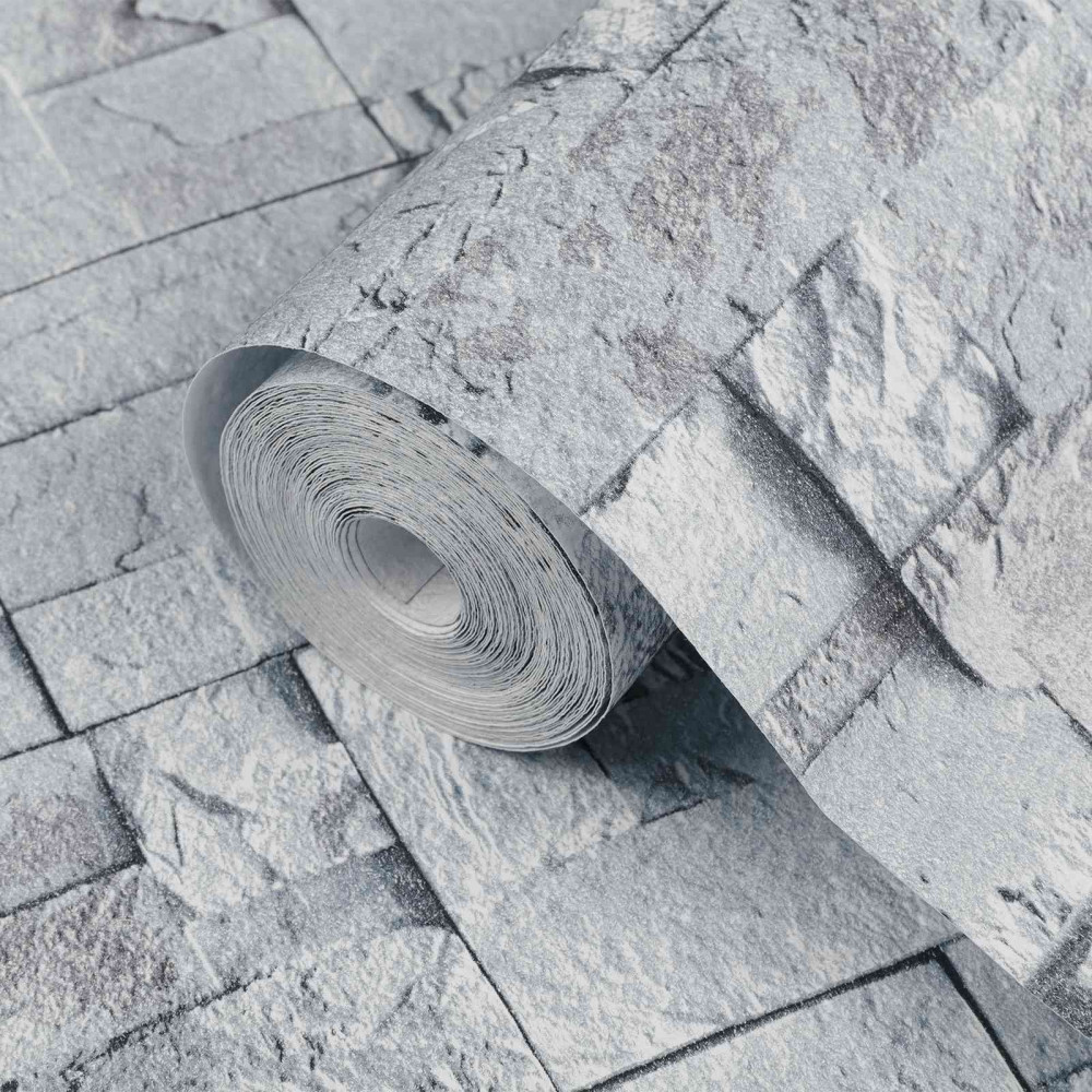 Produktbild för 3D sten tapet Ljusgrå 10 x 0,53 m Non-woven tyg