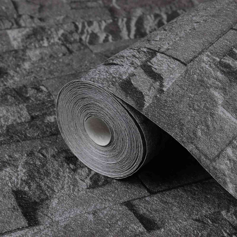 Produktbild för 3D sten tapet Svart 10 x 0,53 m Non-woven tyg