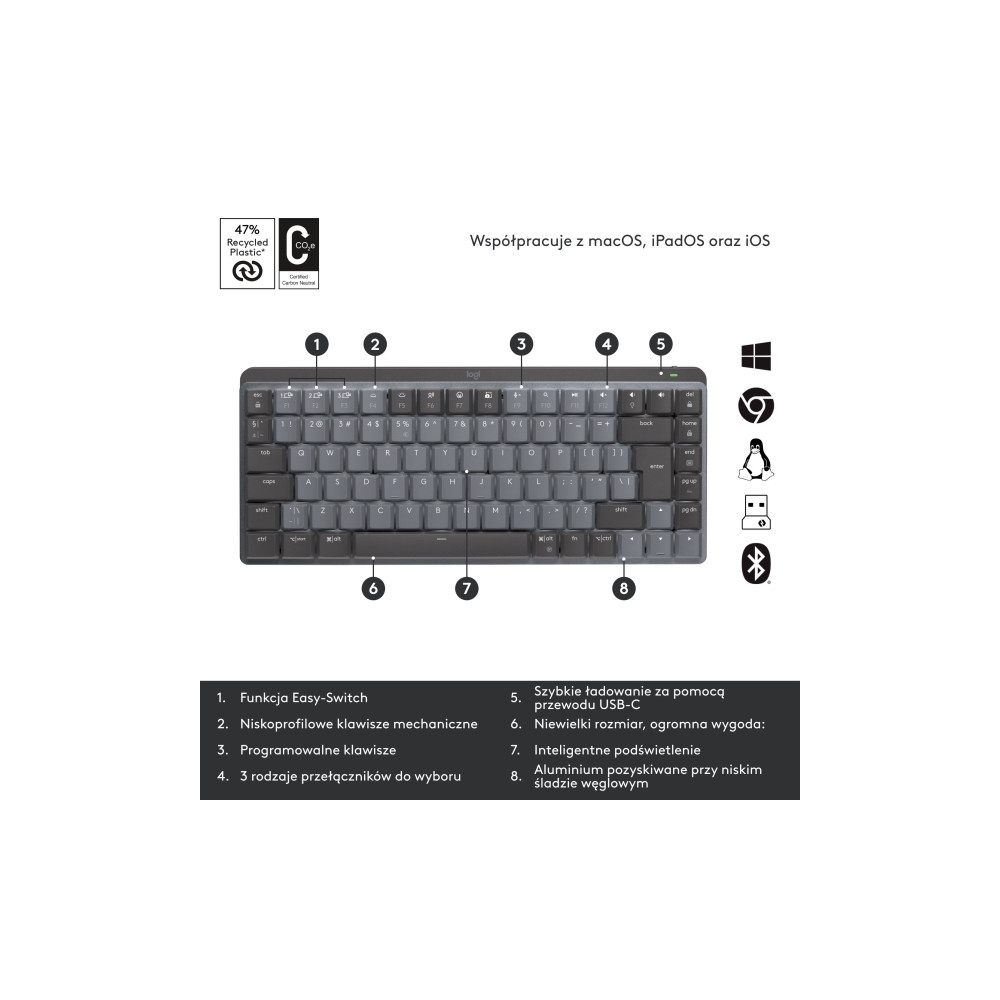 Produktbild för Logitech Master Series MX Mechanical Mini - tangentbord - QWERTY - USA, internationellt - grafit Inmatningsenhet