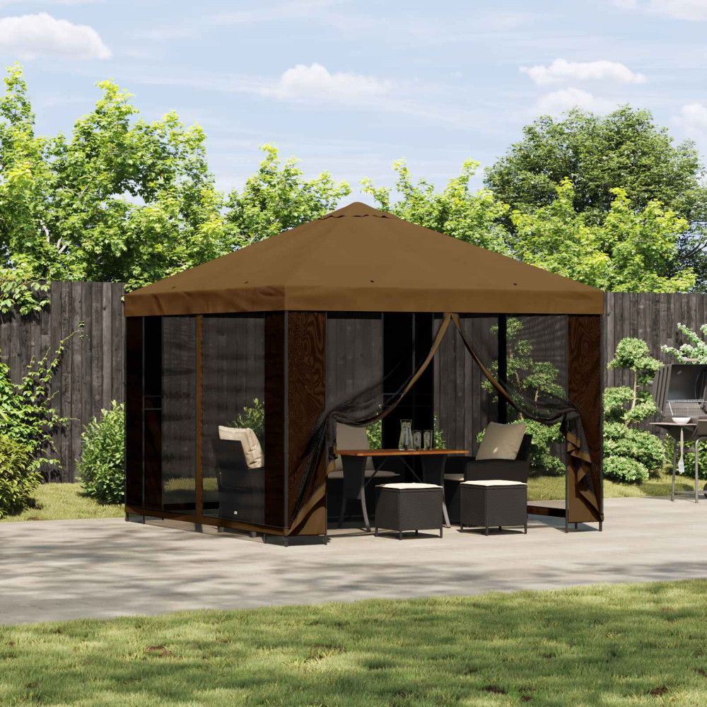 Produktbild för Trädgårdsgazebo med sidoväggar 3 x 3 m Taupe Polyester och Stål
