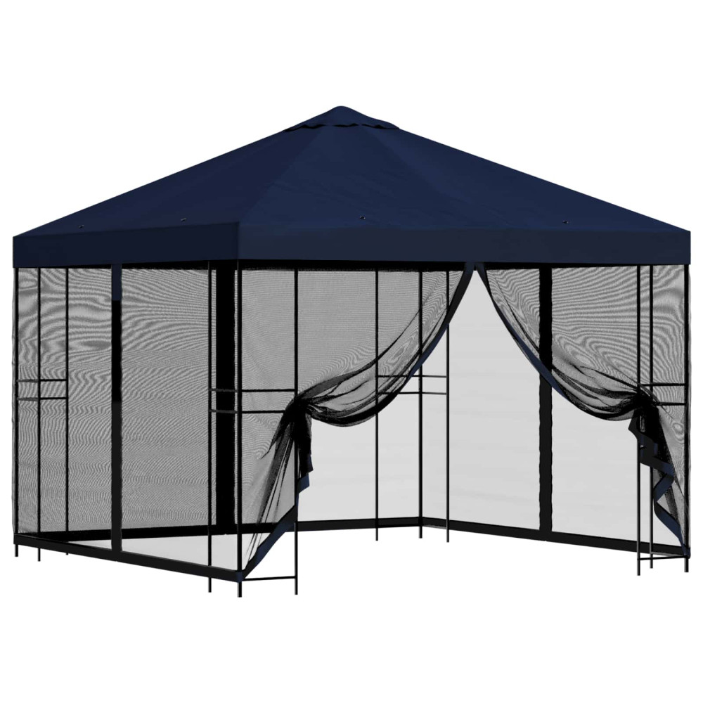 Produktbild för Trädgårdsgazebo med sidoväggar 3 x 3 m Blå Polyester och Stål