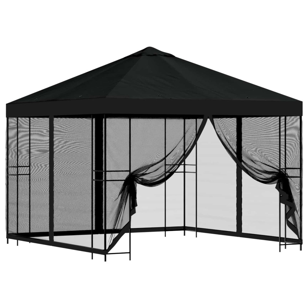 Produktbild för Trädgårdsgazebo med sidoväggar 3 x 3 m Svart Polyester och Stål