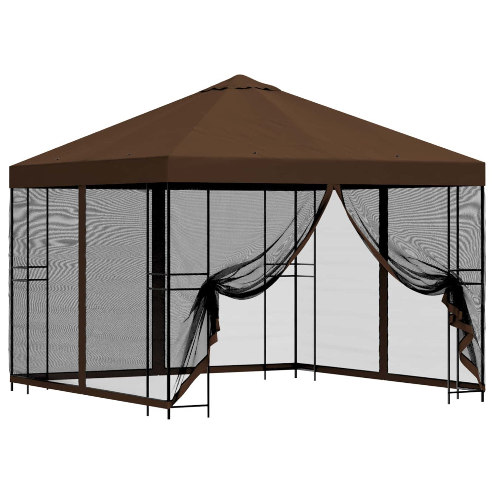 Produktbild för Trädgårdsgazebo med sidoväggar 3 x 3 m Brun Polyester och Stål