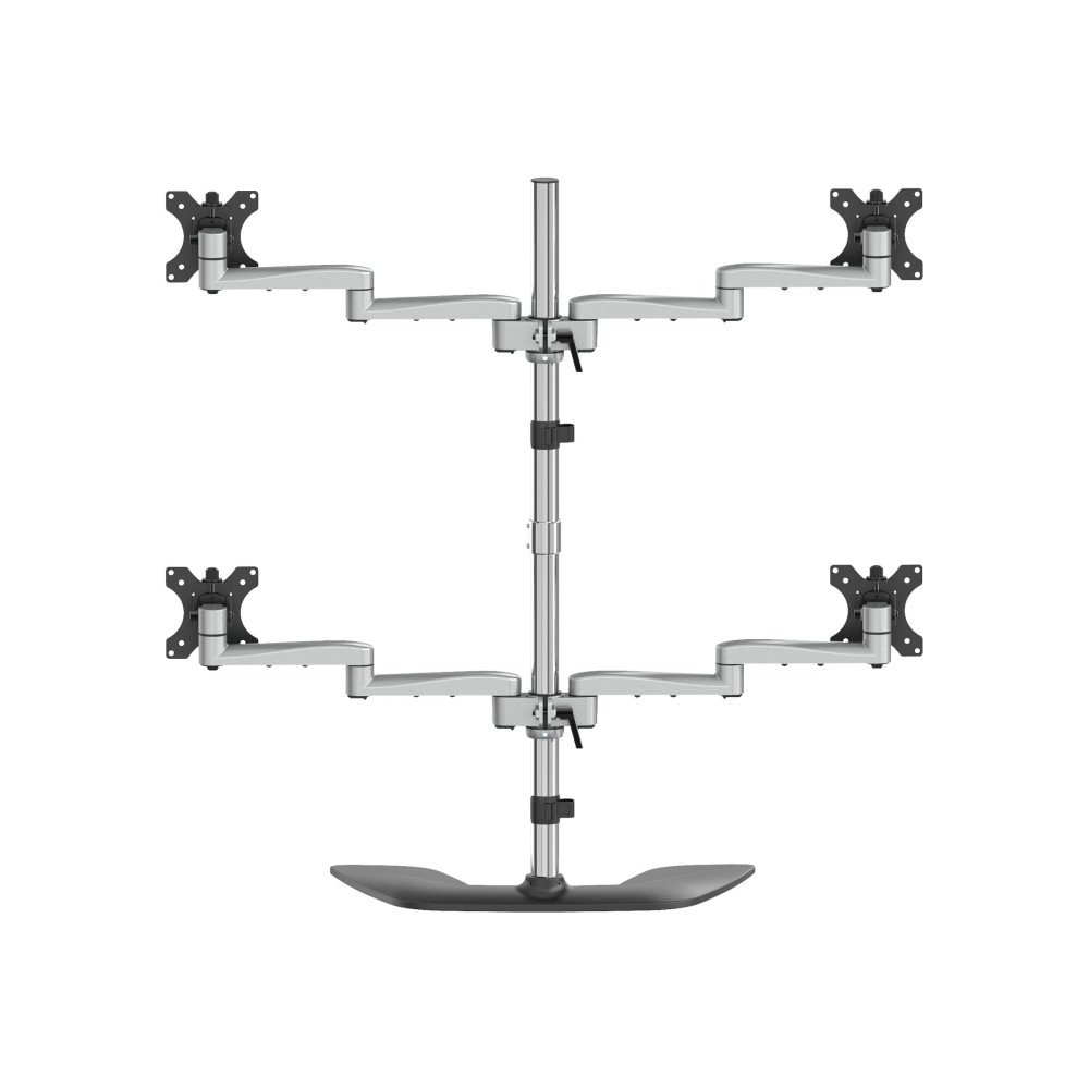 Produktbild för StarTech.com Skrivbordsmonterat stativ för fyra skärmar - Ergonomisk VESA arm för 4 skärmar (2x2) upp till 32 tum - Fristående ledat universellt stolpfäste - Höjdjusterbar/luta/vrid/rotera - Silver ställ - justerbar arm - för 4 monitorer