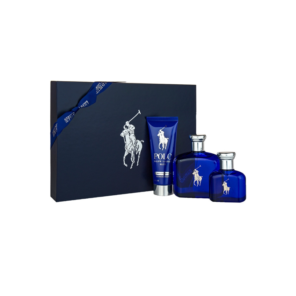 Produktbild för Giftset Ralph Lauren Polo Blue Edt 125ml + Edt 40ml + Body Wash 50ml + After Shave Gel 50ml