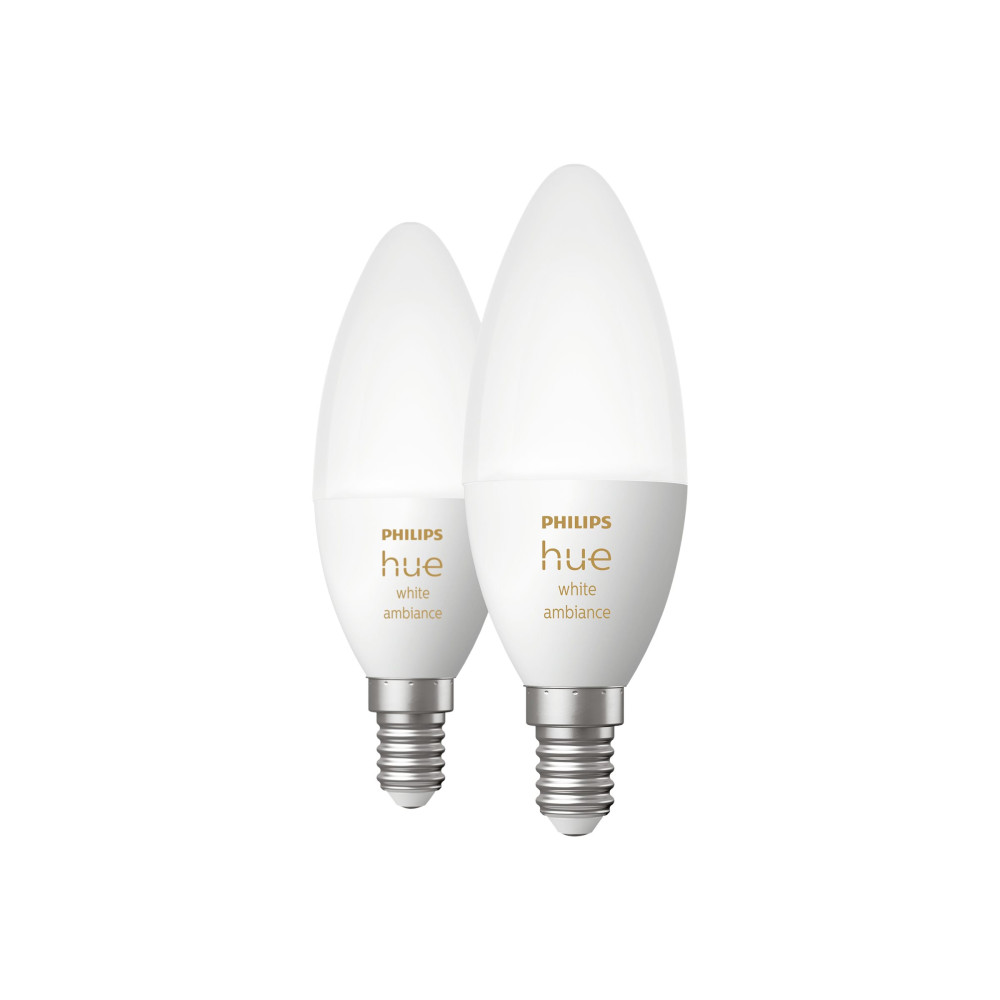 Produktbild för Philips Hue White ambiance - LED-glödlampa - form: B39 - E14 - 4 W - varmt till kallt vitt ljus - 2200-6500 K (paket om 2)