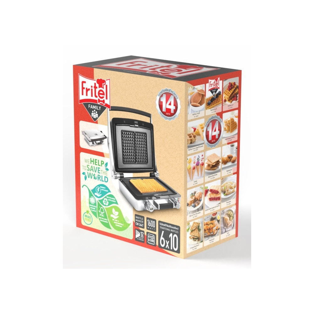 Produktbild för Fritel CW 3647, 2 våffla/våfflor, Rektangulär, Grå, Silver,...