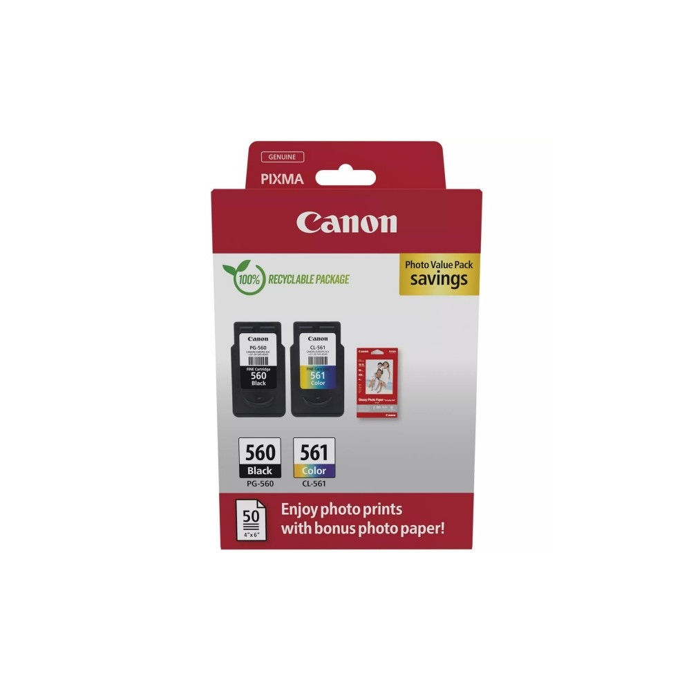 Produktbild för Canon PG-560/CL-561 Photo Value Pack - 2-pack - svart, färg (cyan, magenta, gul) - original - blank - bläckpatron/papperssats