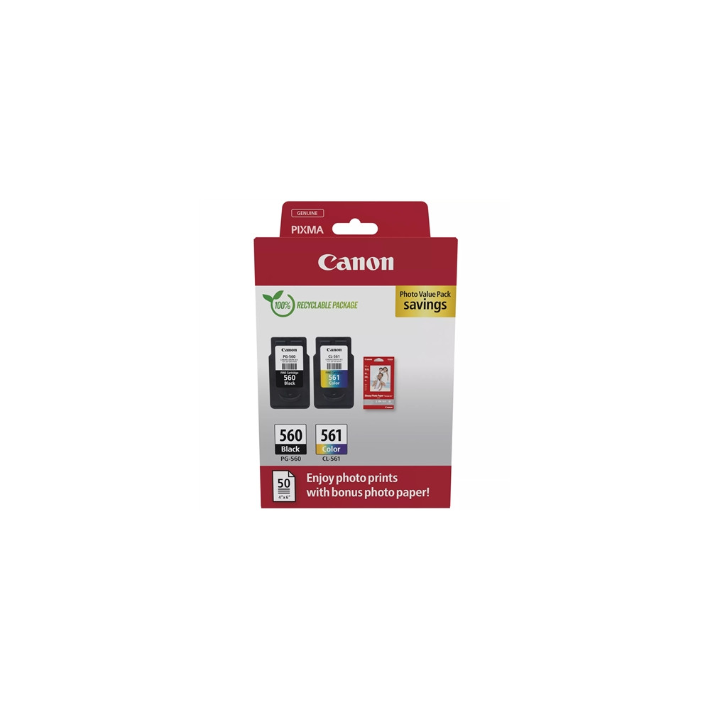 Produktbild för Canon PG-560/CL-561 Photo Value Pack - 2-pack - svart, färg (cyan, magenta, gul) - original - blank - bläckpatron/papperssats