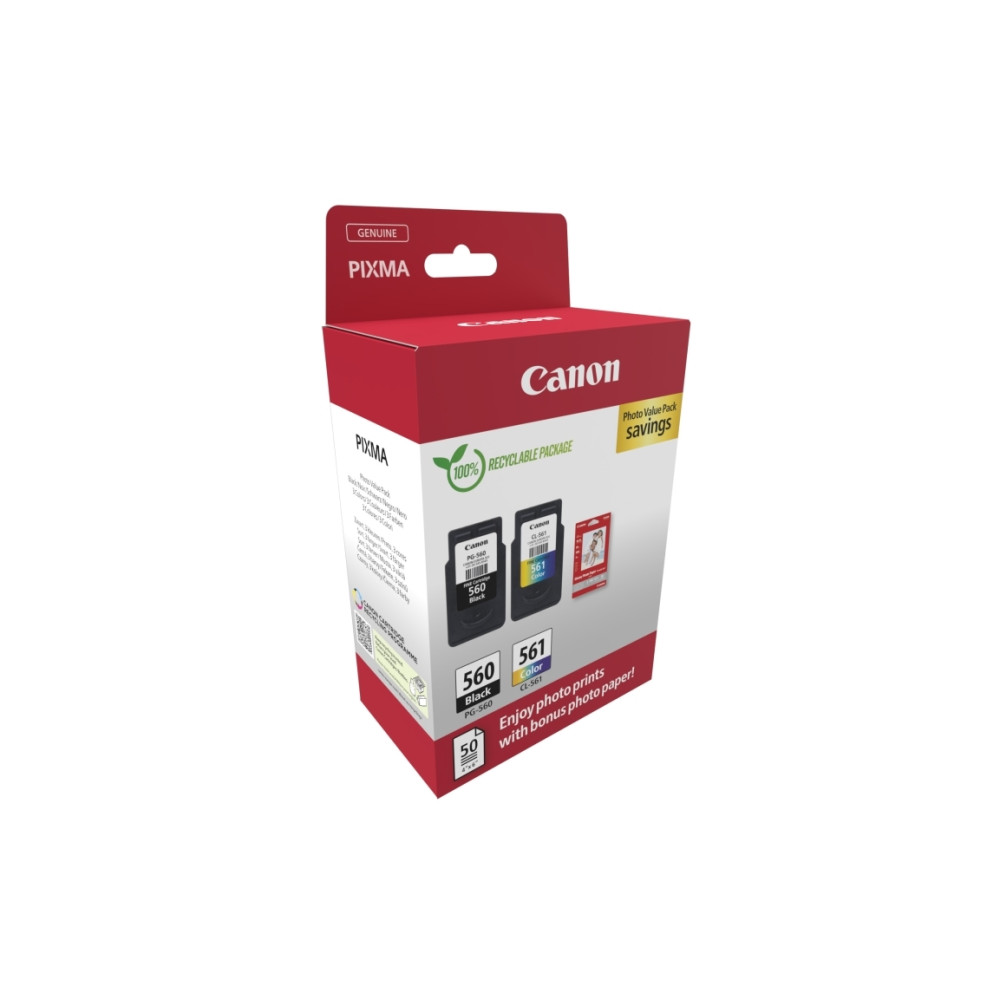 Produktbild för Canon PG-560/CL-561 Photo Value Pack - 2-pack - svart, färg (cyan, magenta, gul) - original - blank - bläckpatron/papperssats