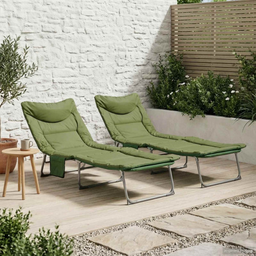 vidaXL Hopfällbar solstol med kudde 2 pcs Mörkgrön