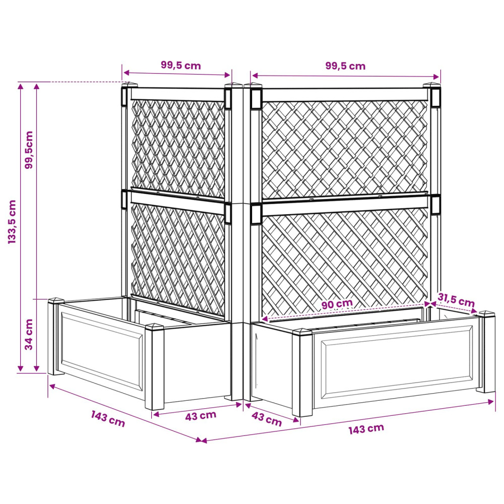 Produktbild för Stort planter med spaljé 2 pcs Grå 143 x 143 x 133,5 cm PP