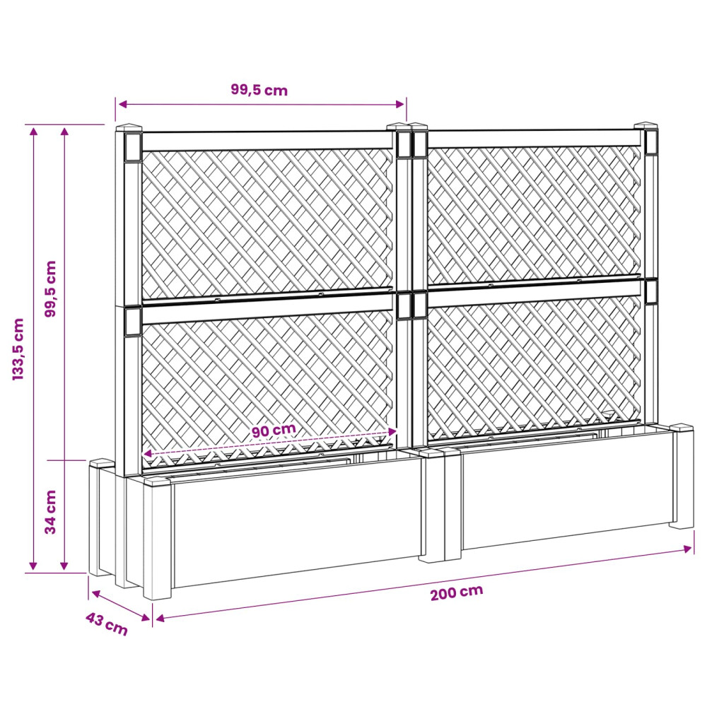 Produktbild för Stor blomkruka med spaljé 2 pcs Grå 200 x 43 x 133,5 cm PP