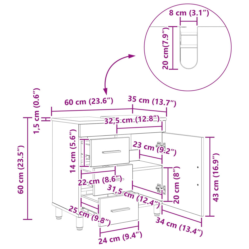 Produktbild för Badrums vaskenhet Rökt ek 60 x 35 x 60 cm Konstruerat trä