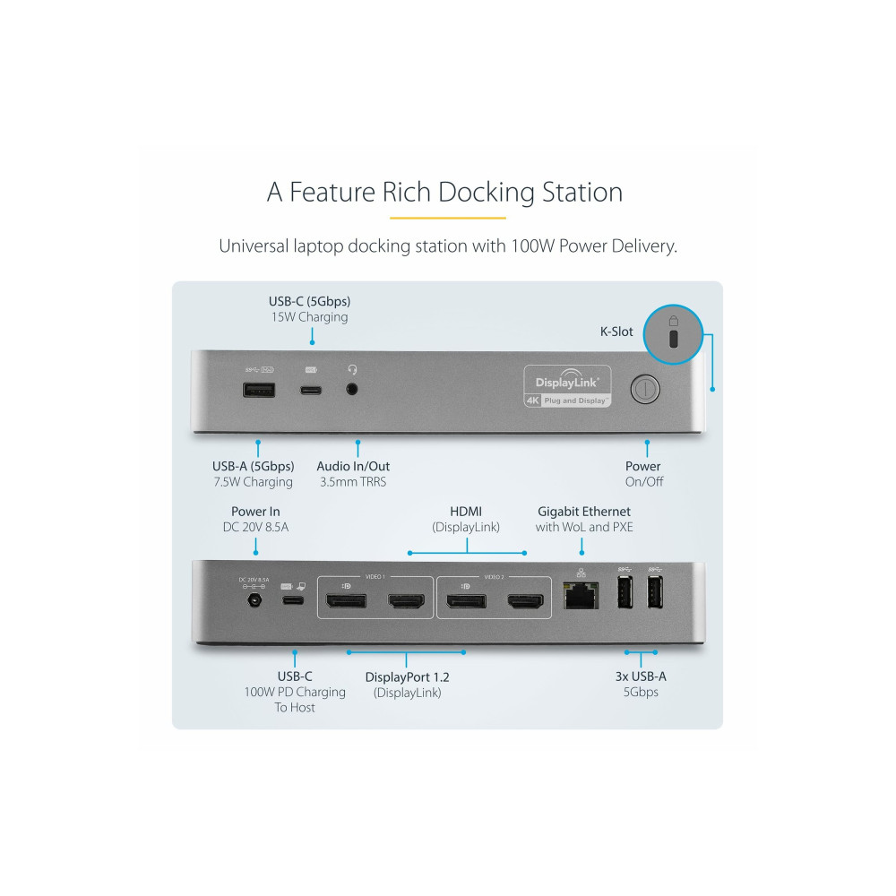Produktbild för StarTech.com Universell dockningsstation för bärbara datorer med två 4K-bildskärmar - USB-C/USB 3.0 - 100W PD - dockningsstation - USB-C - 2 x HDMI, 2 x DP - 1GbE
