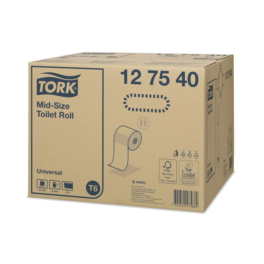 Produktbild för Tork Universal Mid-Size T6 - toalettpapper - rulle - 135 m - vit (paket om 27)