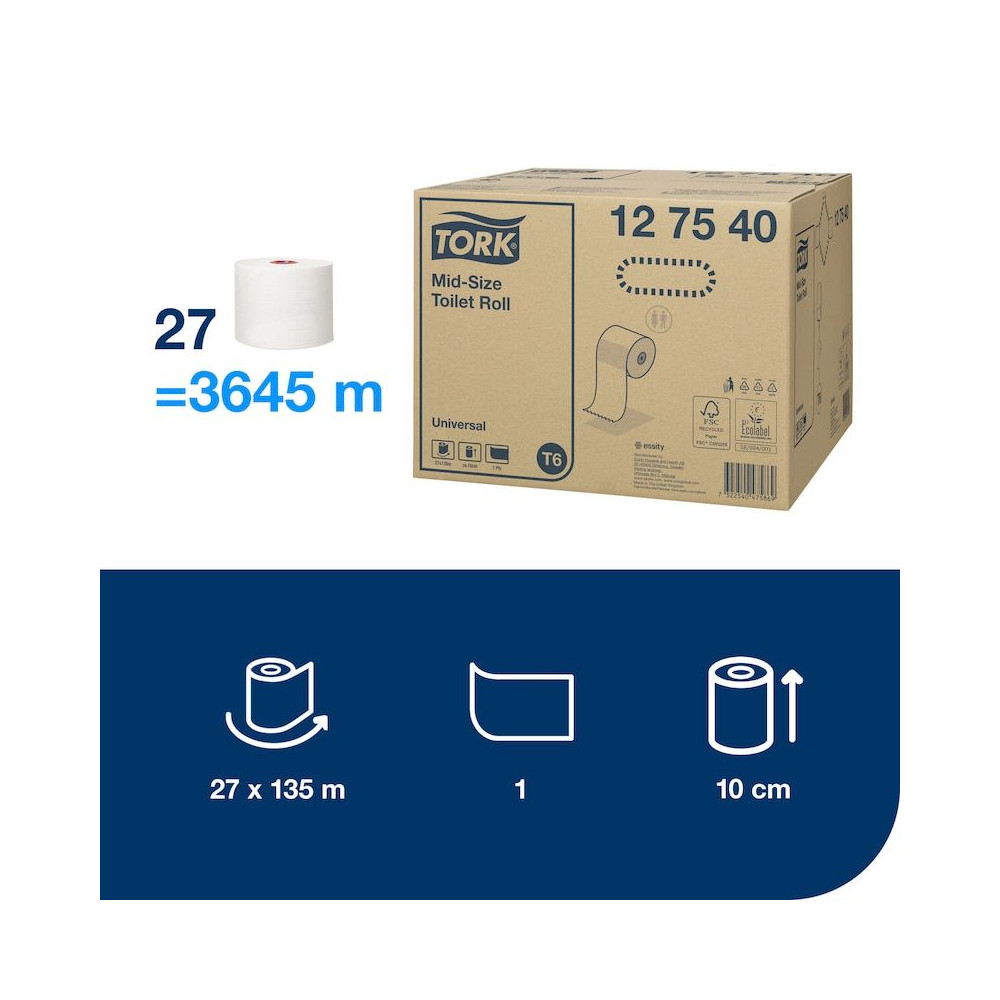 Produktbild för Tork Universal Mid-Size T6 - toalettpapper - rulle - 135 m - vit (paket om 27)
