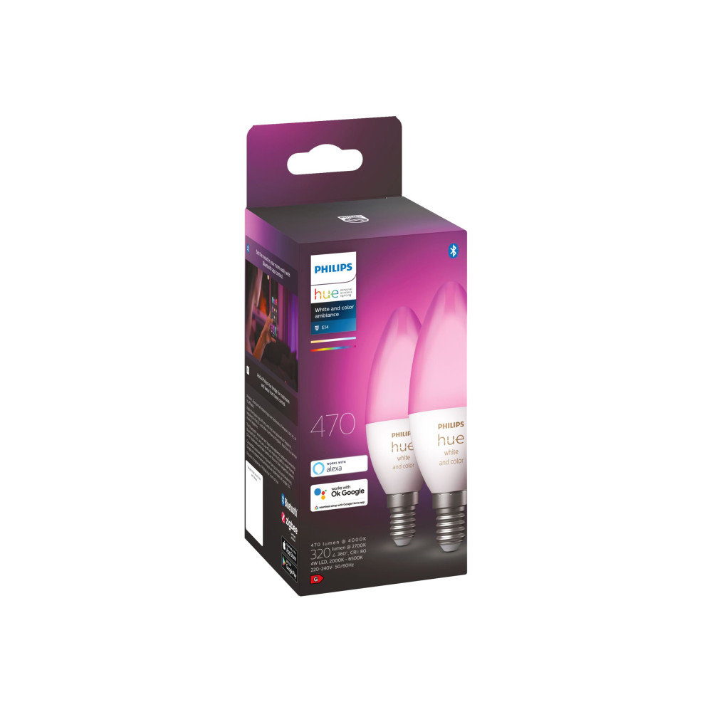 Produktbild för Philips Hue White and Color Ambiance - LED-glödlampa - form: B39 - E14 - 4 W - 16 miljoner färger - 2000-6500 K (paket om 2)