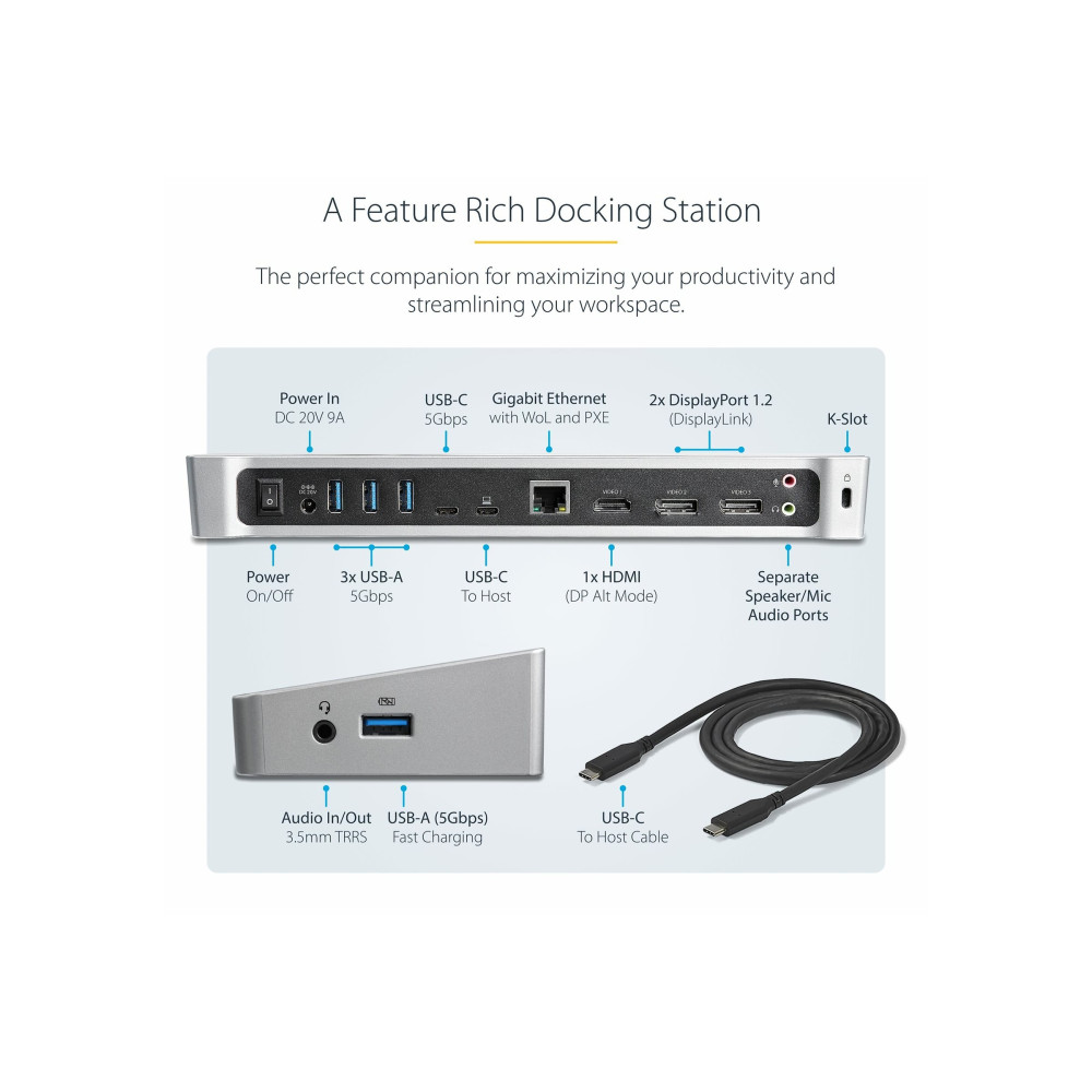 Produktbild för StarTech.com 4K USB-C-docka för tre skärmar med 5 USB 3.0-portar - 100W PD - dockningsstation - USB-C - HDMI, DP - 1GbE - TAA-kompatibel