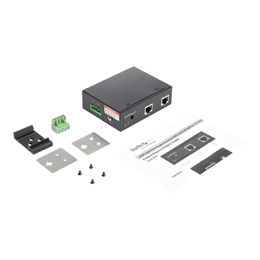 Produktbild för StarTech.com Industrial Gigabit PoE Splitter, 90W High Speed Power over Ethernet PoE+++ Splitter, 12-48V DC Splitter 802.3bt, LAN/RJ45 Ultra PoE to DC Adapter, -40C to +75C, High Power - Gigabit PoE Splitter (POESLT1G48V) - PoE linjedelare - 90 Watt