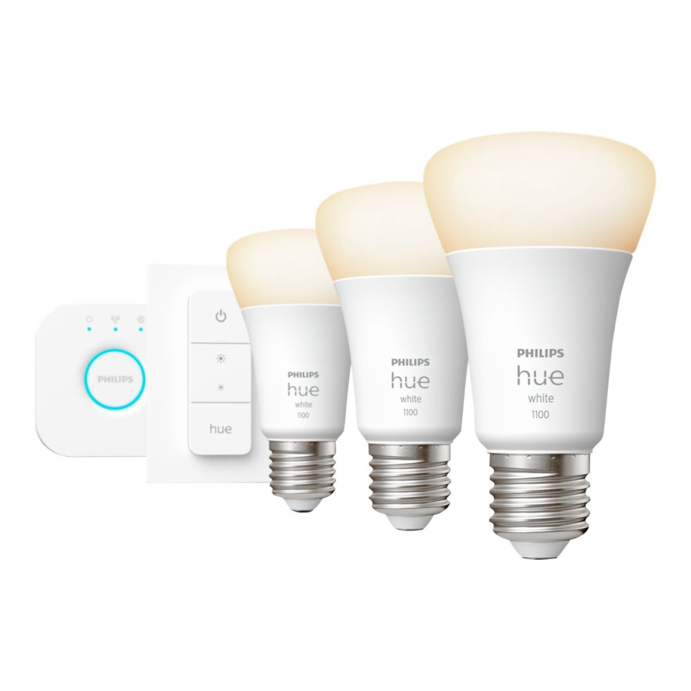 Produktbild för Philips Hue White Starter Kit - trådlös belysningsuppsättning - LED-glödlampa x 3 - form: A60 - E27 - 9.5 W - varmt vitt ljus - 2700 K - vit