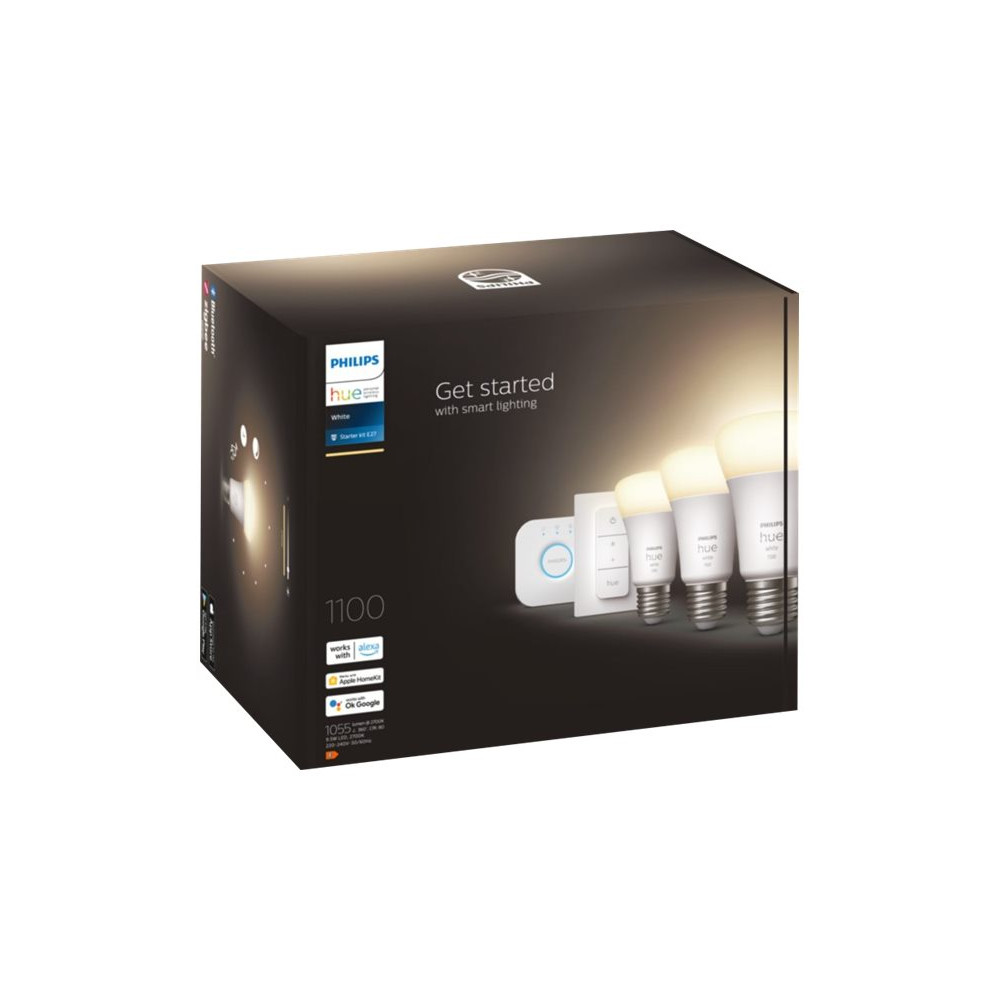 Produktbild för Philips Hue White Starter Kit - trådlös belysningsuppsättning - LED-glödlampa x 3 - form: A60 - E27 - 9.5 W - varmt vitt ljus - 2700 K - vit