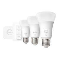 Produktbild för Philips Hue White Starter Kit - trådlös belysningsuppsättning - LED-glödlampa x 3 - form: A60 - E27 - 9.5 W - varmt vitt ljus - 2700 K - vit