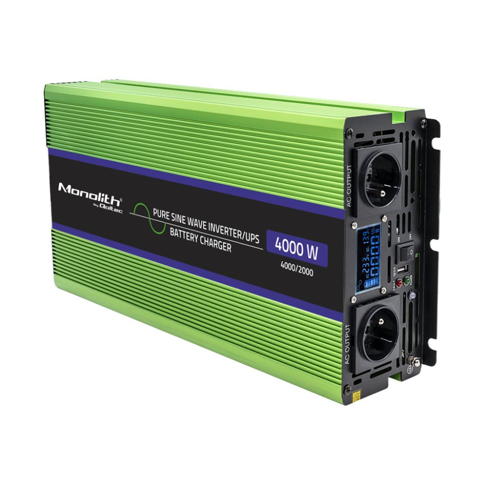 Produktbild för Qoltec Monolith - DC till AC-inverterare / batteriladdare / UPS - ren sinusvåg, LCD - 2000 watt