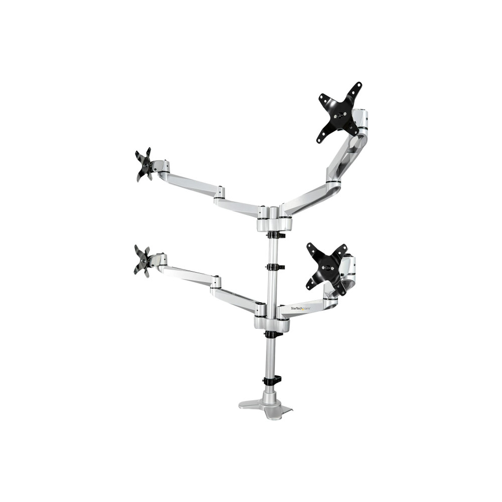 Produktbild för StarTech.com Desk Mount Quad Monitor Arm, Premium Articulating VESA 4 Monitor Mount 2x2 up to 27", Ergonomic Height Adjustable Pole Mount, Tilt/Swivel/Rotate, C-Clamp/Grommet, Silver - Heavy-duty VESA Mount (ARMQUADPS) monteringssats - justerbar arm - för
