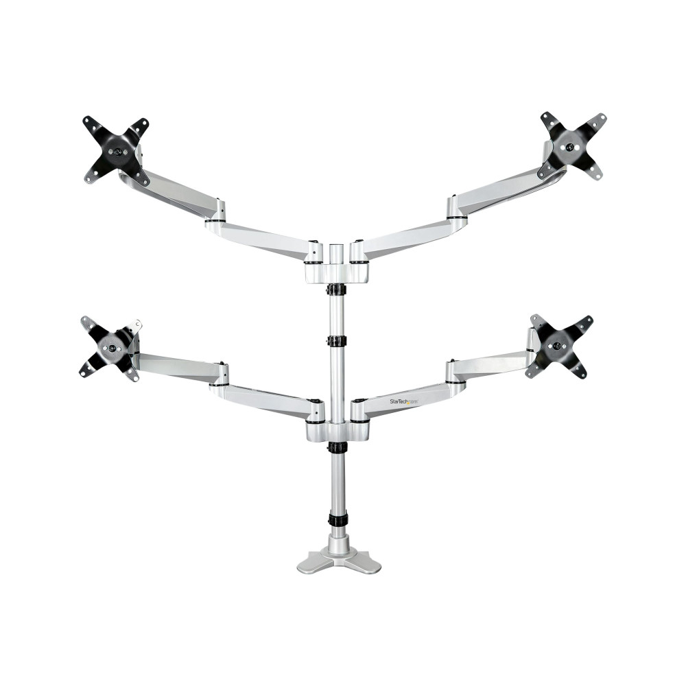 Produktbild för StarTech.com Desk Mount Quad Monitor Arm, Premium Articulating VESA 4 Monitor Mount 2x2 up to 27", Ergonomic Height Adjustable Pole Mount, Tilt/Swivel/Rotate, C-Clamp/Grommet, Silver - Heavy-duty VESA Mount (ARMQUADPS) monteringssats - justerbar arm - för