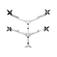 Produktbild för StarTech.com Desk Mount Quad Monitor Arm, Premium Articulating VESA 4 Monitor Mount 2x2 up to 27", Ergonomic Height Adjustable Pole Mount, Tilt/Swivel/Rotate, C-Clamp/Grommet, Silver - Heavy-duty VESA Mount (ARMQUADPS) monteringssats - justerbar arm - för