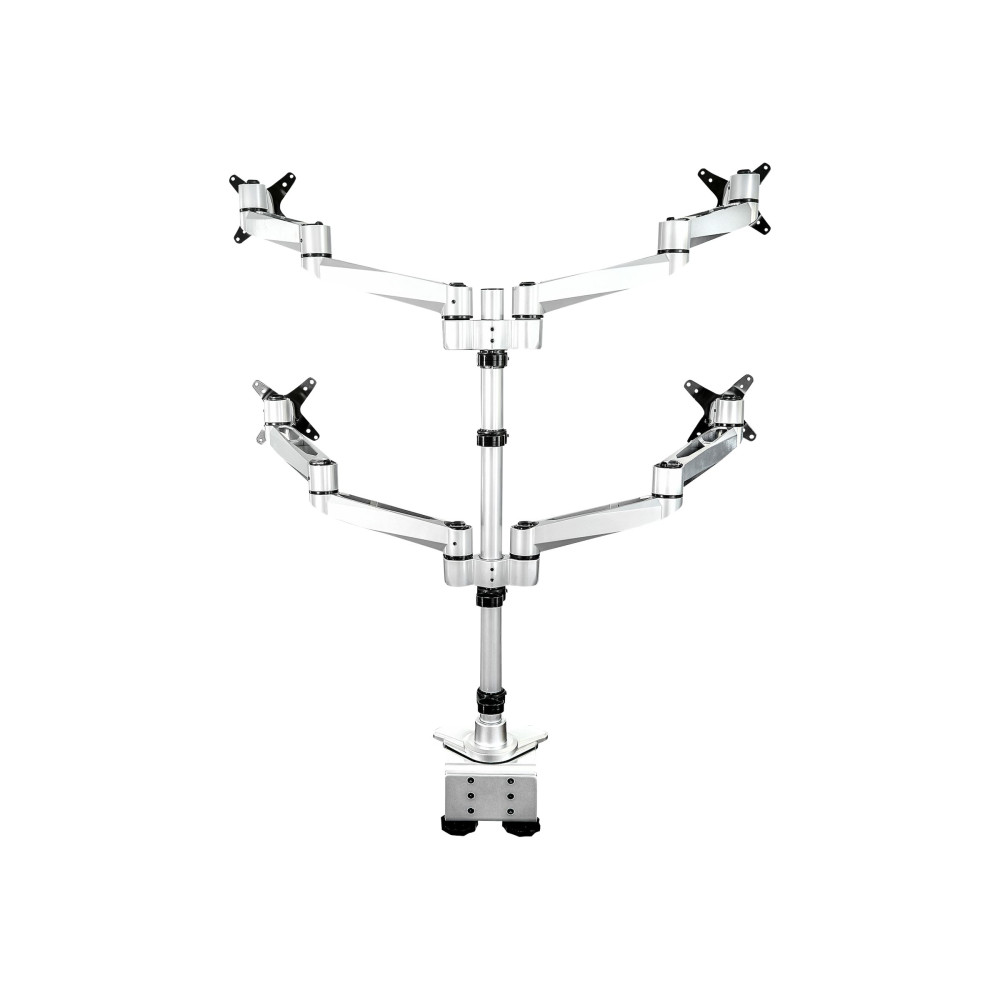 Produktbild för StarTech.com Desk Mount Quad Monitor Arm, Premium Articulating VESA 4 Monitor Mount 2x2 up to 27", Ergonomic Height Adjustable Pole Mount, Tilt/Swivel/Rotate, C-Clamp/Grommet, Silver - Heavy-duty VESA Mount (ARMQUADPS) monteringssats - justerbar arm - för