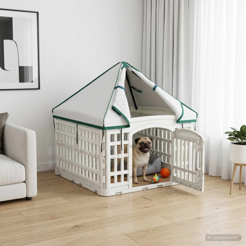 Produktbild för 4 Panel Hund Playpen med Tak 60 x 60 x 82 cm Plast Vit
