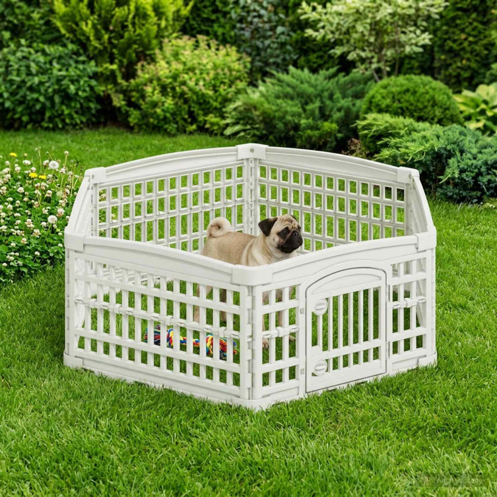 Produktbild för 6-panelers hundhagen 122 x 106,5 x 40 cm Plast Vit Hopfällbar