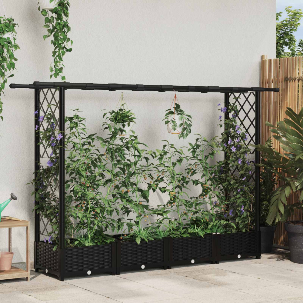 Produktbild för Upphöjd Bädd med Spaljé och Tak Svart 203 x 40 x 121 cm PP