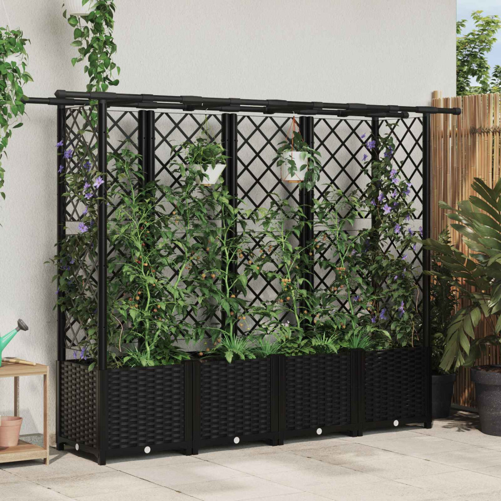 Produktbild för Upphöjd Bädd med Spaljé och Tak Svart 203 x 40 x 136 cm PP