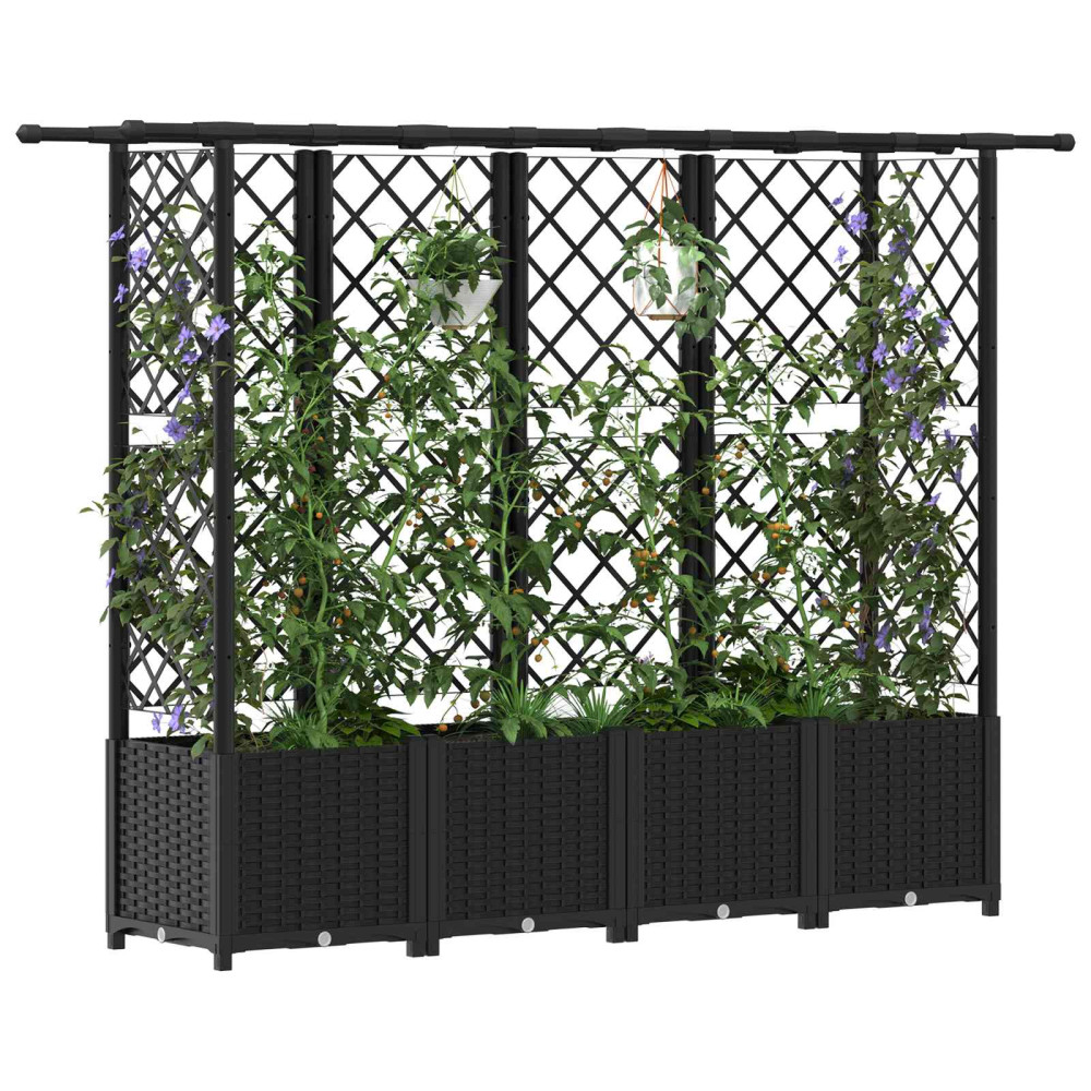 Produktbild för Upphöjd Bädd med Spaljé och Tak Svart 203 x 40 x 136 cm PP