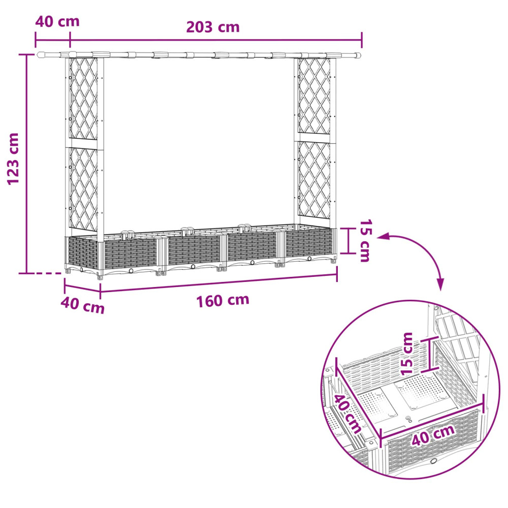 Produktbild för Upphöjd Bädd med Spaljé och Tak Grå 203 x 40 x 121 cm PP