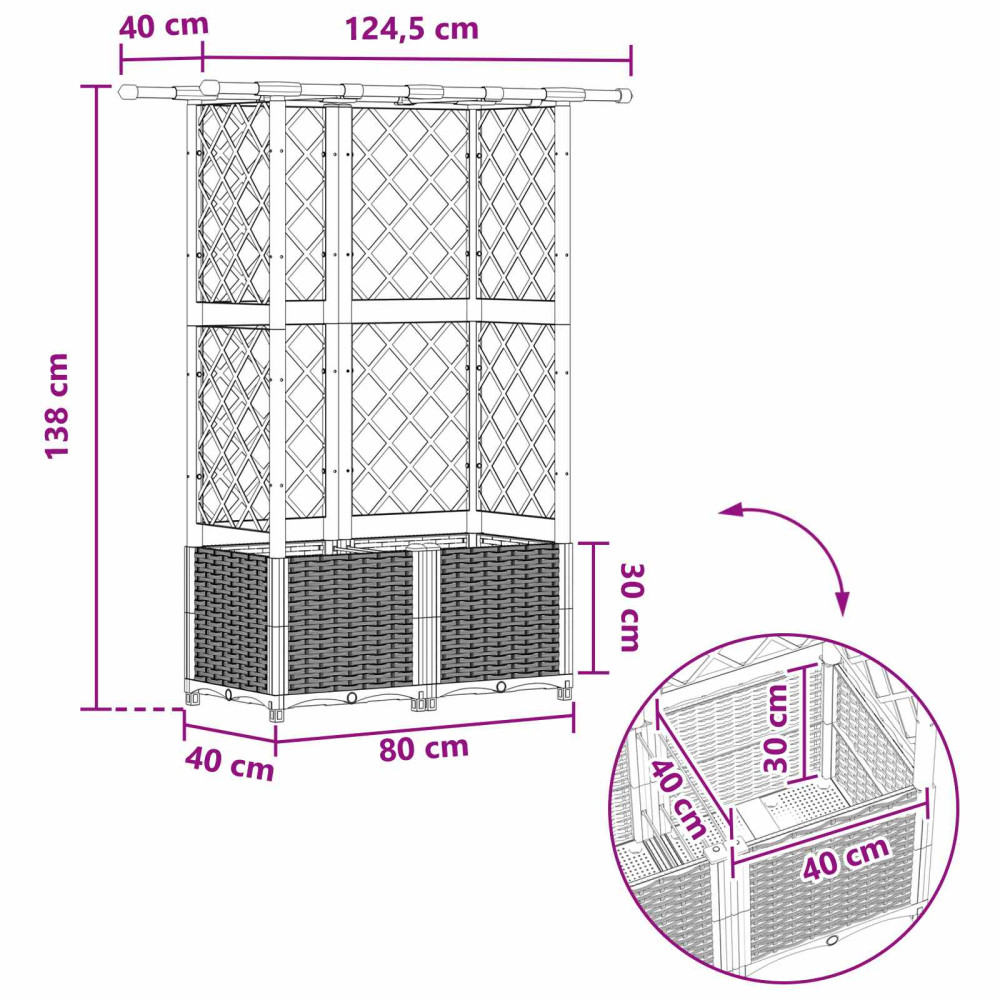 Produktbild för Upphöjd Bädd med Spaljé och Tak Grå 124,5 x 40 x 136 cm PP