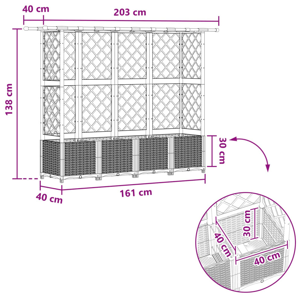 Produktbild för Upphöjd Bädd med Spaljé och Tak Grå 203 x 40 x 136 cm PP