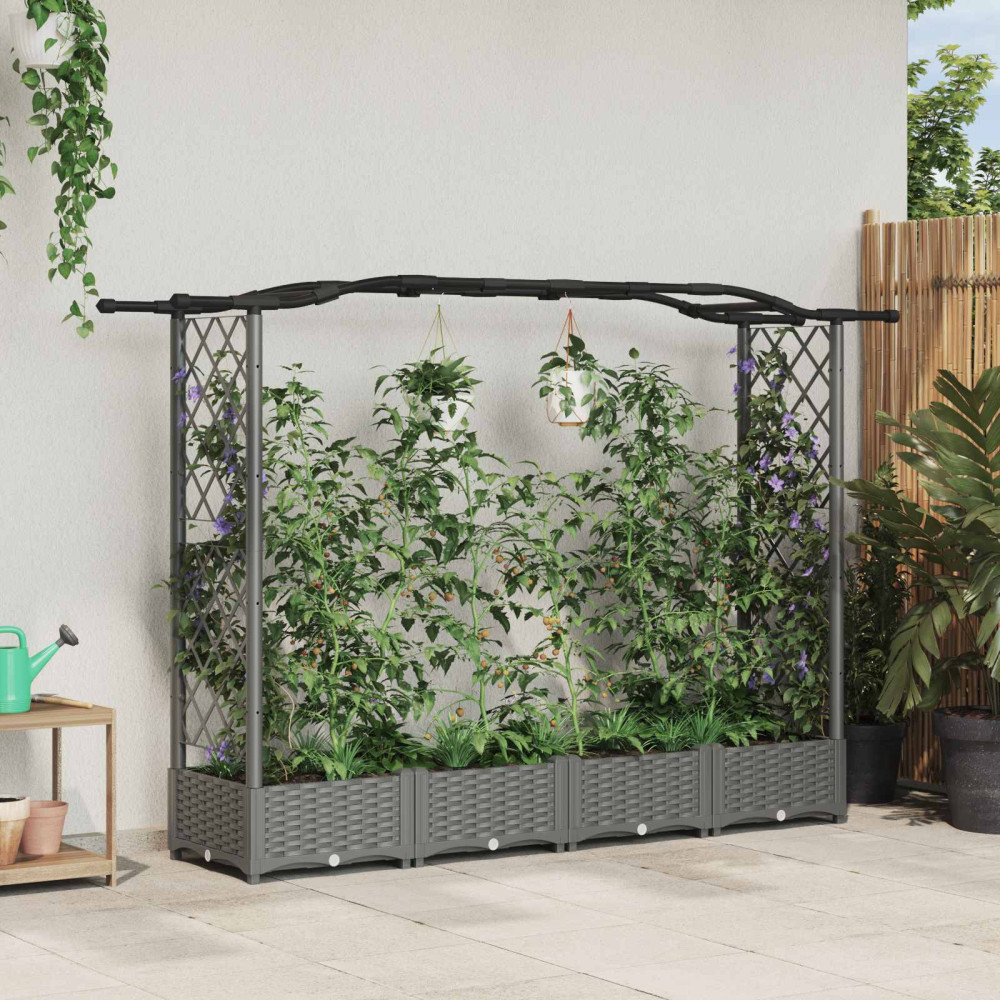 Produktbild för Upphöjd Bädd med Spaljé och Tak Ljusgrå 207 x 40 x 123 cm PP