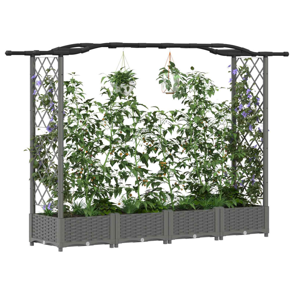 Produktbild för Upphöjd Bädd med Spaljé och Tak Ljusgrå 207 x 40 x 123 cm PP