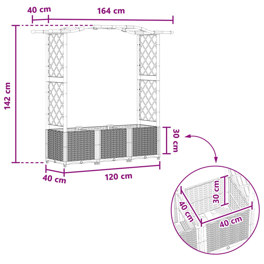 Produktbild för Upphöjd Bädd med Spaljé och Tak Ljusgrå 164 x 40 x 138 cm PP