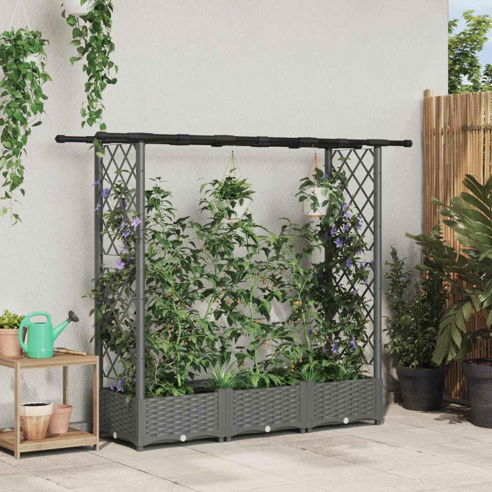 Produktbild för Upphöjd Bädd med Spaljé och Tak Ljusgrå 164 x 40 x 121 cm PP