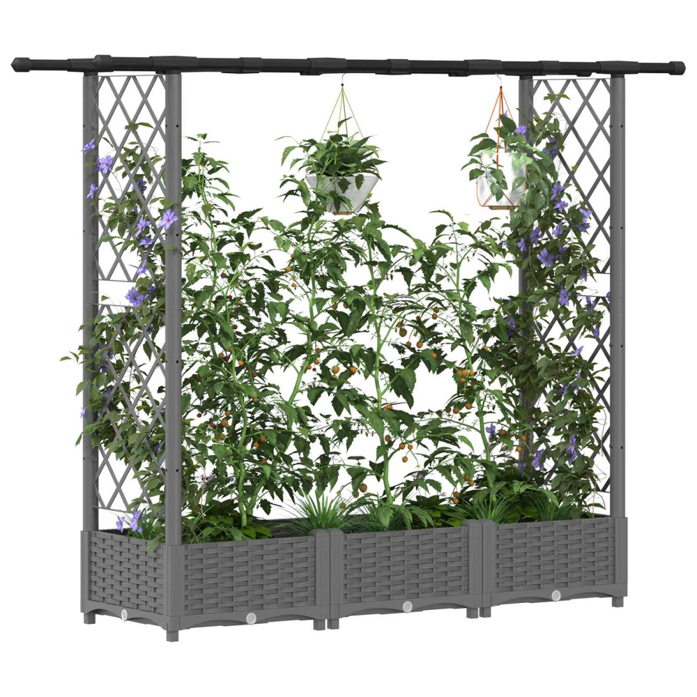 Produktbild för Upphöjd Bädd med Spaljé och Tak Ljusgrå 164 x 40 x 121 cm PP