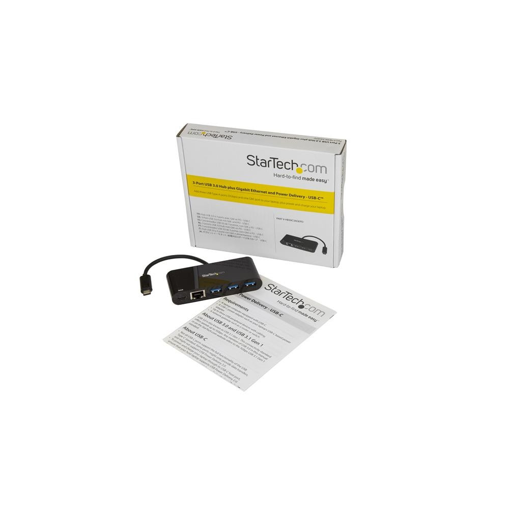 Produktbild för StarTech.com 3-ports USB-C-hubb med Gigabit Ethernet och 60 W strömförsörjning Pass-through laddning av bärbar dator - USB-C till 3x USB-A (USB 3.0 SuperSpeed 5 Gbps) - USB 3.1/3.2 Gen 1 Type-C adapterhubb - hubb - 3 portar