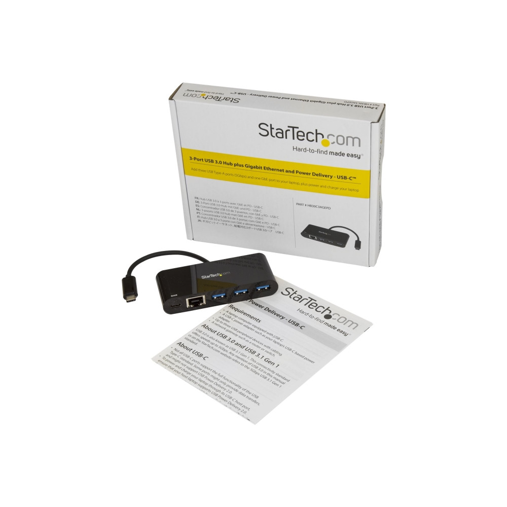 Produktbild för StarTech.com 3-ports USB-C-hubb med Gigabit Ethernet och 60 W strömförsörjning Pass-through laddning av bärbar dator - USB-C till 3x USB-A (USB 3.0 SuperSpeed 5 Gbps) - USB 3.1/3.2 Gen 1 Type-C adapterhubb - hubb - 3 portar