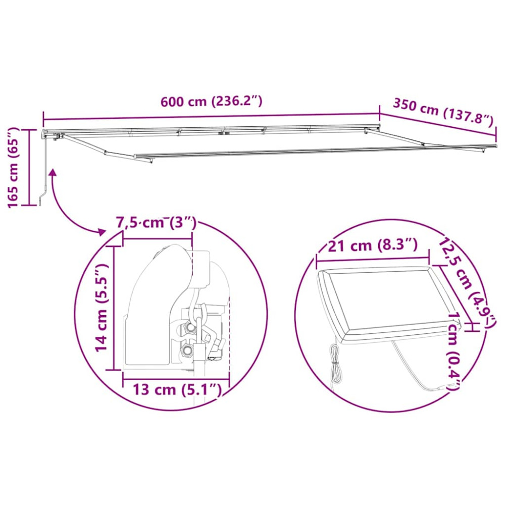 Produktbild för Markisram med LED -remsljus Vit 600 × 350 cm Aluminium