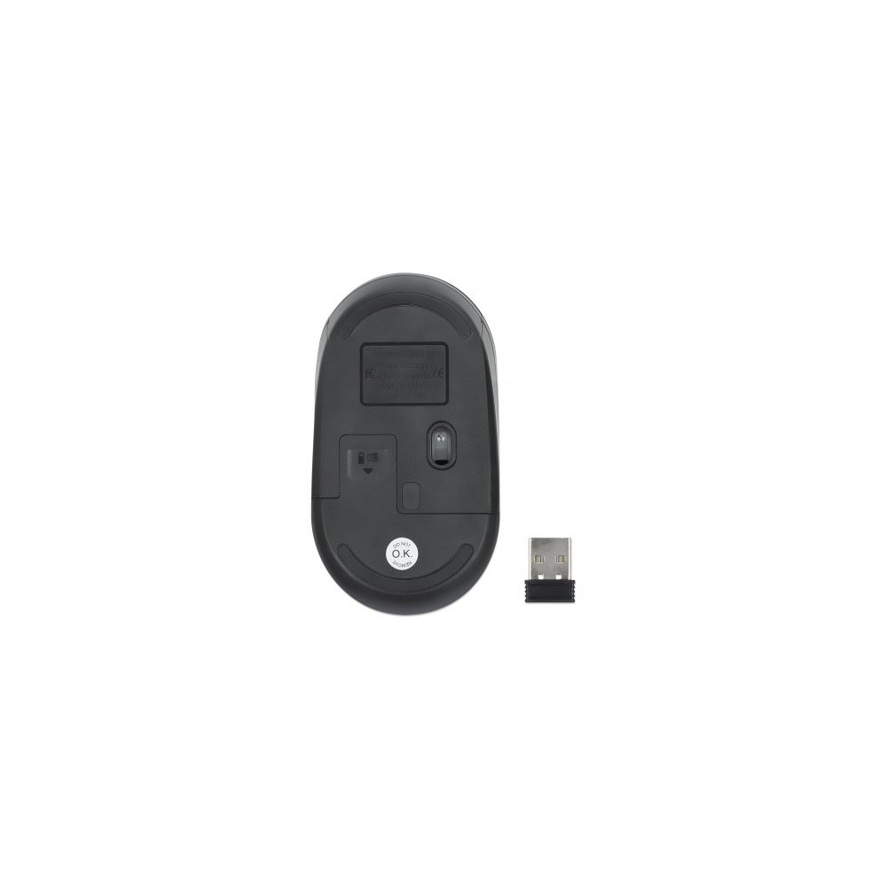 Produktbild för Manhattan Performance III Wireless Mouse, Black, 1000dpi, 2.4Ghz (up to 10m), USB, Optical, Ambidextrous, Three Button with Scroll Wheel, USB nano receiver, AA battery (not included), Low friction base, Three Year Warranty, Retail Box - mus - 2.4 GHz - sv